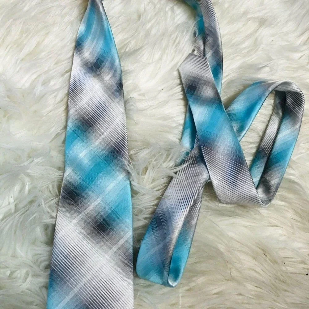 JF J.Ferrar Plaid Blue‎ and Grey Mens Tie Formal